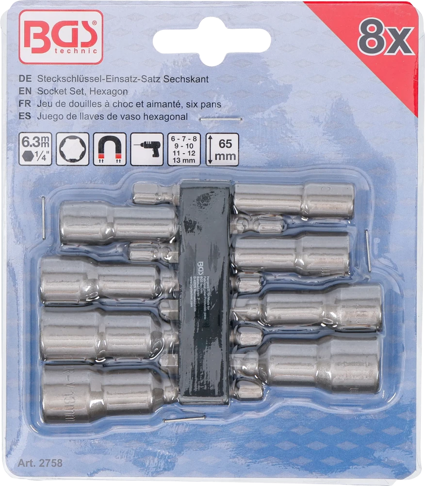 Dugókulcskészlet, hatszögletű | Külső hatszögletű 6,3 mm (1/4") | 6 - 13 mm | 8 darabos