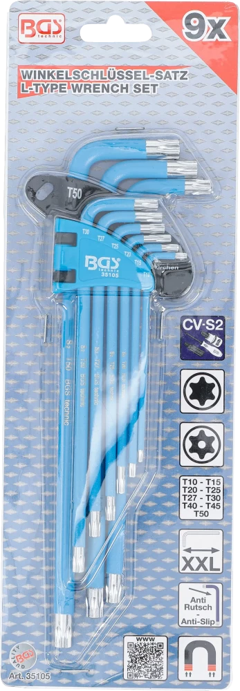 Derékszögű kulcs készlet | T-profil (Torx) / T-profil (Torx) T10 furattal - T50 | 9 darabos