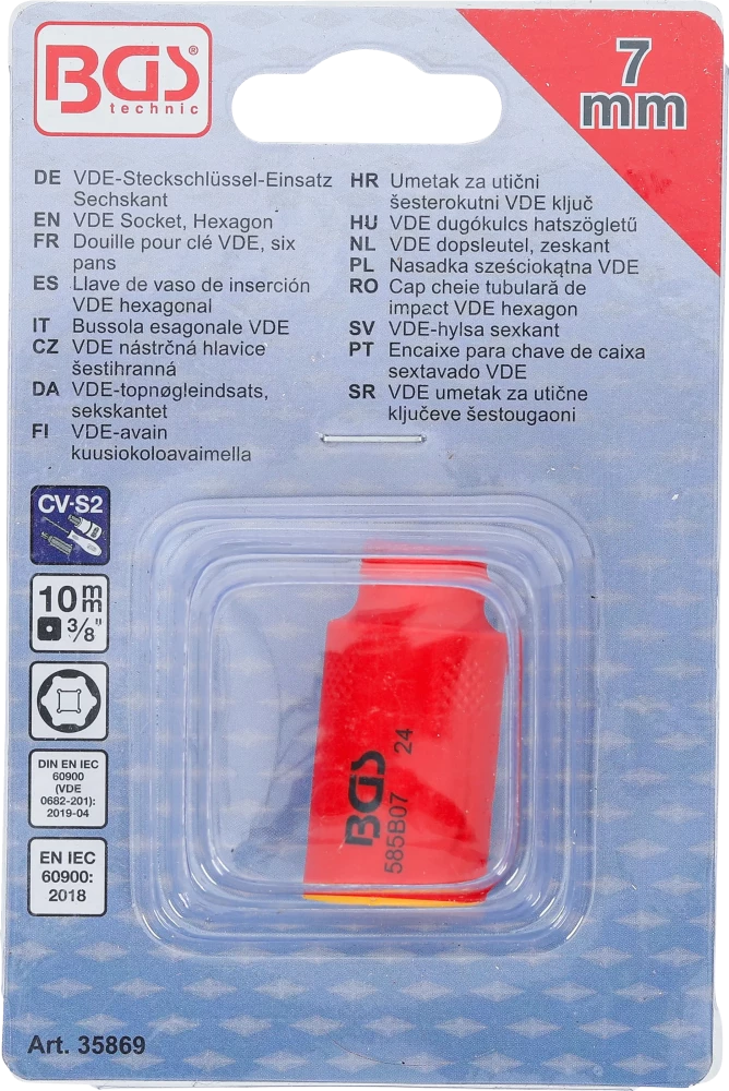 VDE dugókulcs hatszögletű | 10 mm (3/8") | 7 mm