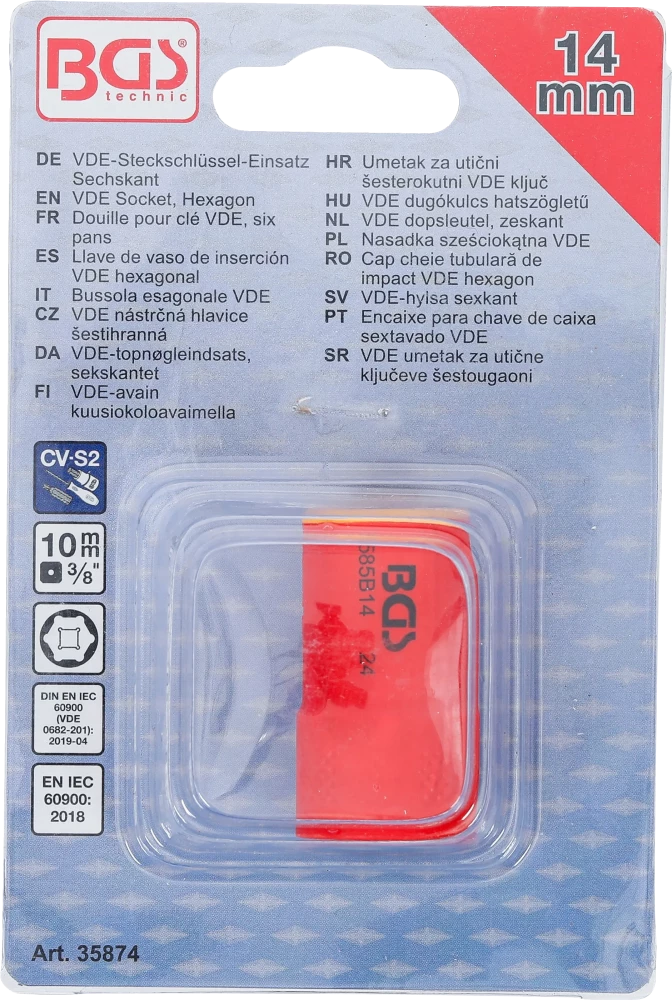 VDE dugókulcs hatszögletű | 10 mm (3/8") | 14 mm