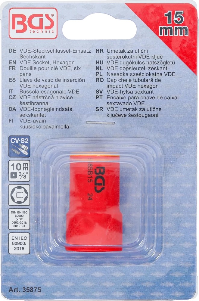 VDE dugókulcs hatszögletű | 10 mm (3/8") | 15 mm