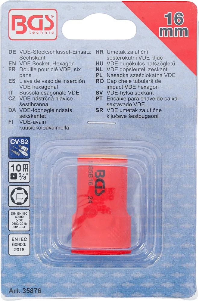 VDE dugókulcs hatszögletű | 10 mm (3/8") | 16 mm