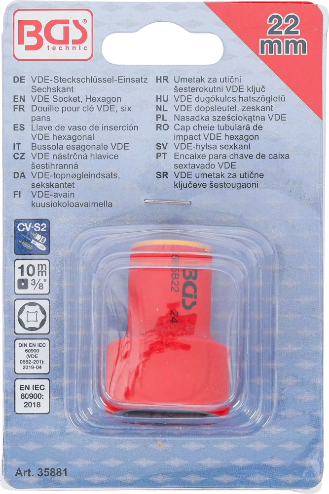 VDE dugókulcs hatszögletű | 10 mm (3/8") | 22 mm