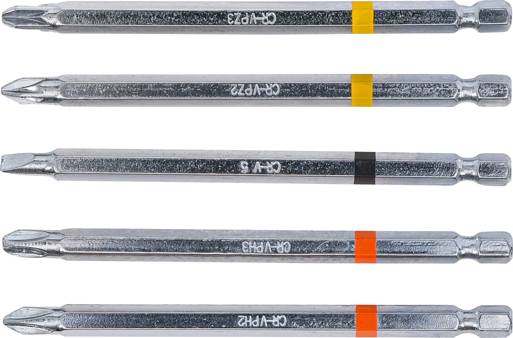 Behajtófej készlet | Külső hatszögletű behajtófej 6,3 mm (1/4") | Csillag PH, csillag PZ, lapos | 110 mm hosszú | 5 darabos