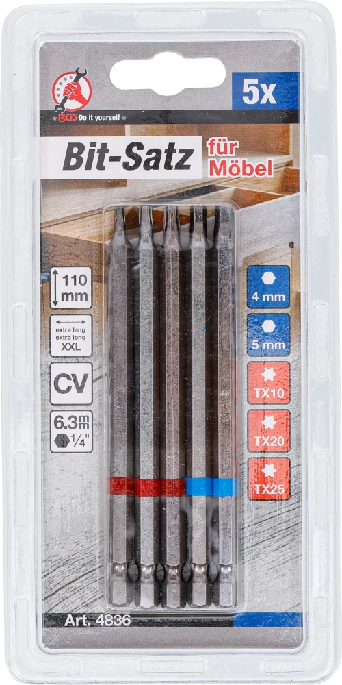 Behajtófej készlet | Külső hatszögletű behajtófej 6,3 mm (1/4") | Belső hatszögletű, T-profil (Torx) | 110 mm hosszú | 5 darabos