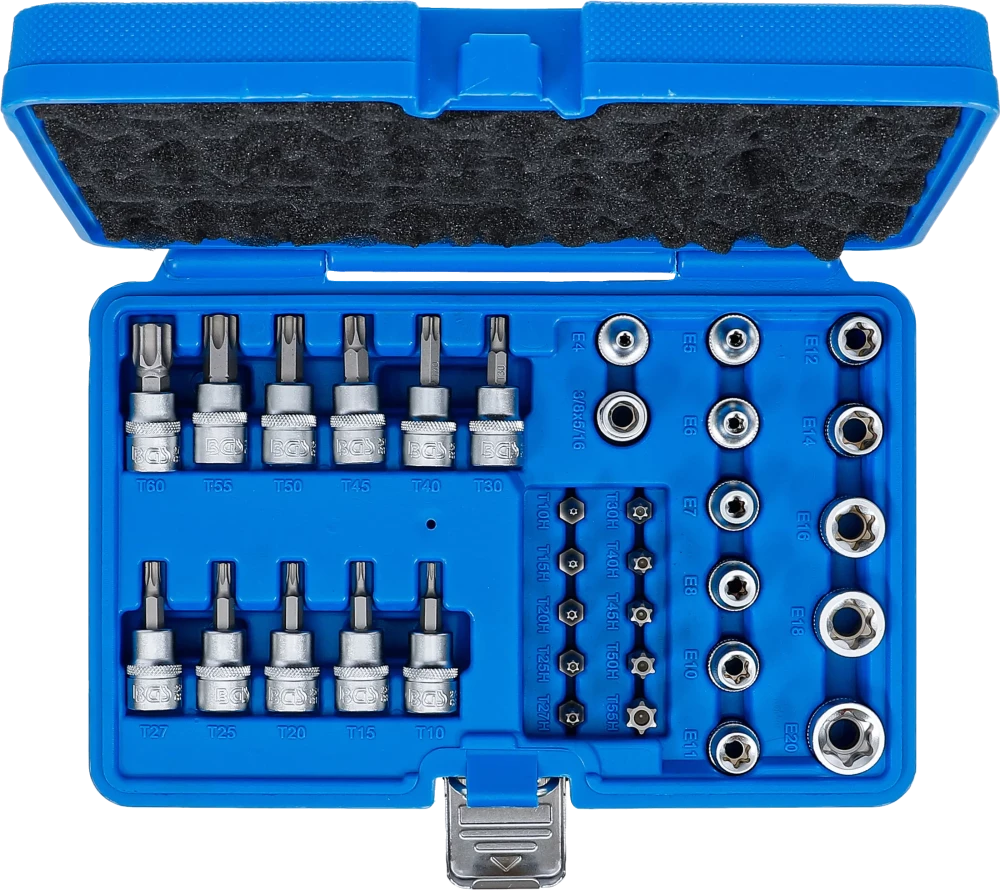 Behajtófej- és dugókulcsbetét-készlet | 10 mm (3/8") | T-profil (Torx) | 34 darabos