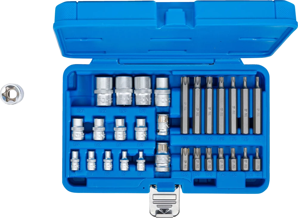 Behajtófej- és dugókulcskészlet | E-profil / T-profil (Torx) | 30 darabos