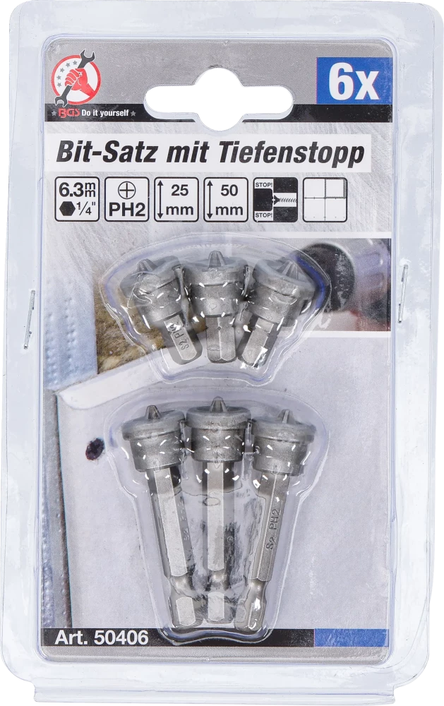Behajtófej készlet mélységi ütközővel | gipszkarton lapokhoz | külső hatszögletű kulcsnyílású hajtás 6,3 mm (1/4") | csillag PH2 | 6 darabos