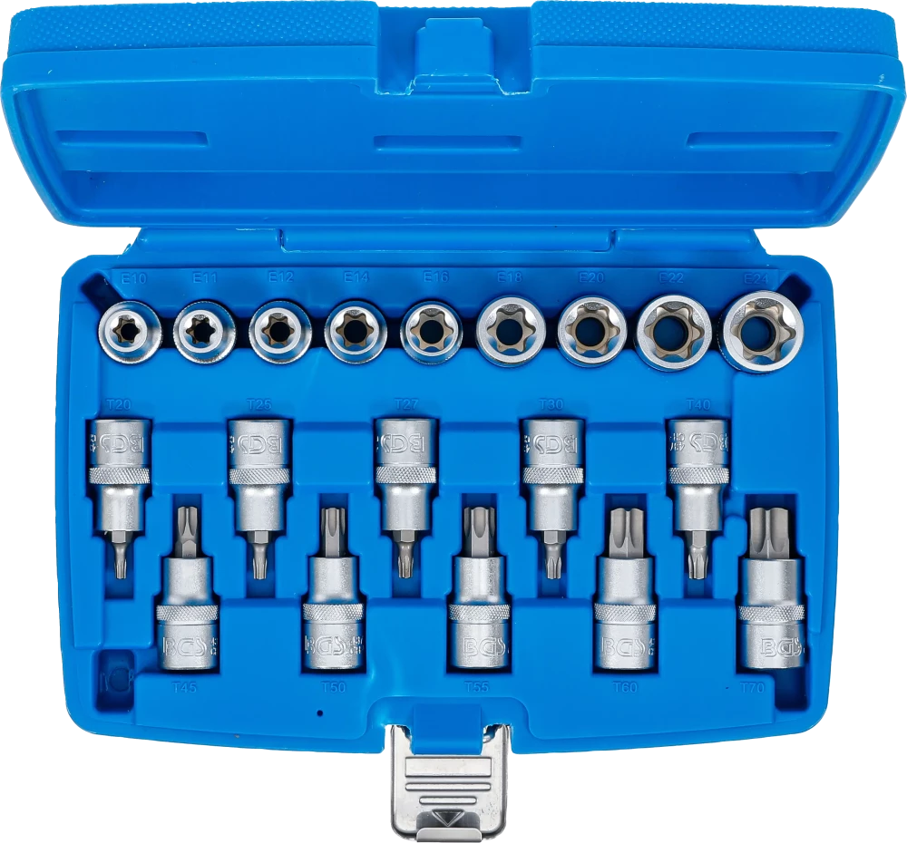 Behajtófej/dugókulcskészlet | 12,5 mm (1/2") | E-profil / T-profil (Torx) | 19 darabos