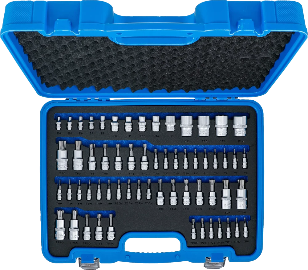 Behajtófej- és dugókulcs-készlet | E-profil / T-profil (Torx) / T-profil (Torx) furattal / TP-profil (Torx plus) | 60 darabos