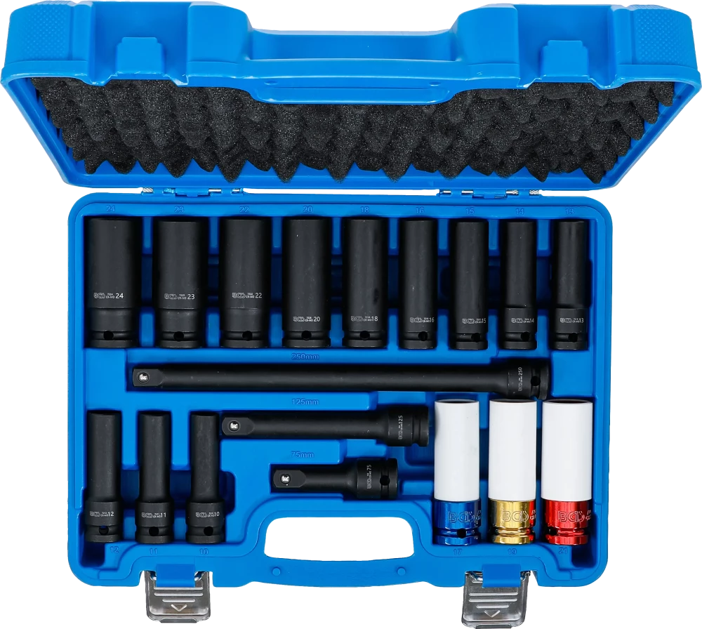 Levegős dugókulcs és légkulcsfej készlet | hatszögletű | 12,5 mm (1/2") | 10 - 24 mm | 18 darabos