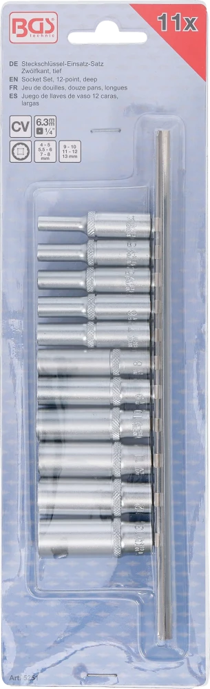 Dugókulcskészlet, tizenkétszögletű, mély | 6,3 mm (1/4") | 4 - 13 mm | 11 darabos