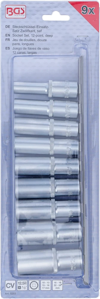 Dugókulcskészlet, tizenkétszögletű, mély | 12,5 mm (1/2") | 10 - 24 mm | 9 darabos