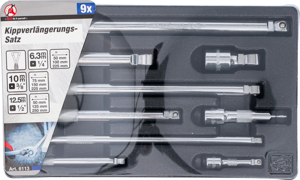 Billenős hosszabbító készlet | 6,3 mm (1/4") / 10 mm / (3/8") / 12,5 mm (1/2") | 9 darabos