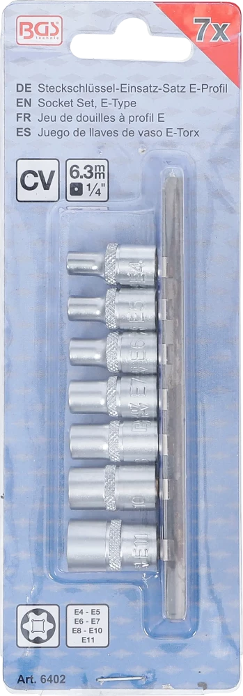 Dugókulcskészlet, E-profil | 6,3 mm (1/4") | E4 - E11 | 7 darabos