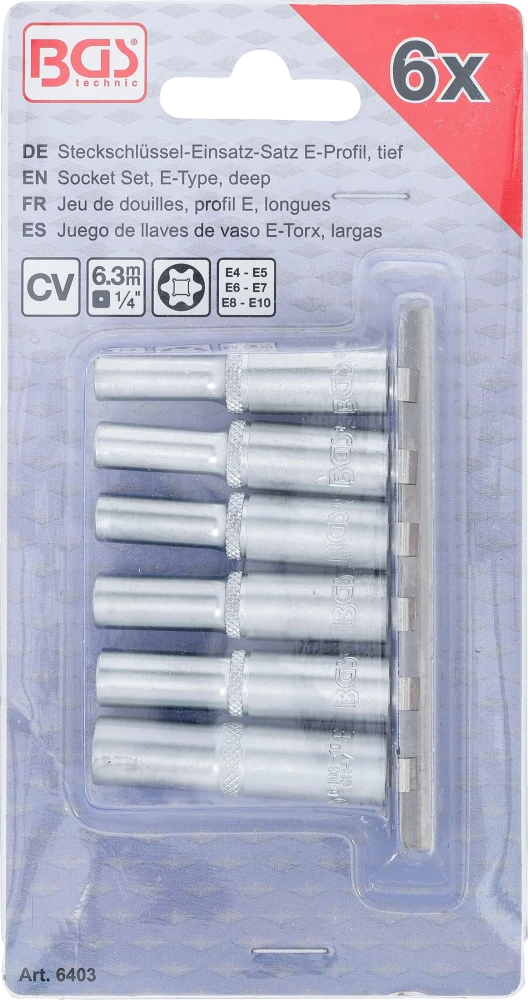 Dugókulcskészlet, E-profil, mély | 6,3 mm (1/4") | E4 - E10 | 6 darabos