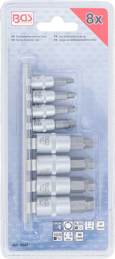 Csavarkiszedő készlet | 6,3 mm (1/4") / 10 mm (3/8") | hibás belső hatszögletű csavarokhoz 3 - 10 mm | 8 darabos
