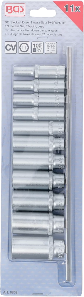 Dugókulcskészlet, tizenkétszögletű, mély | 10 mm (3/8") | coll méretek | 11 darabos