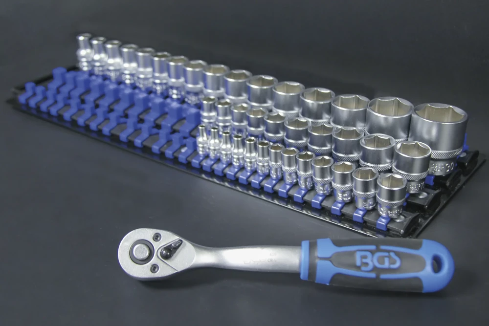 Dugókulcstartó sín készlet dugókulcsbetétekhez | 80 kapoccsal | 6,3 mm (1/4"), 10 mm (3/8"), 12,5 mm (1/2") betétekhez