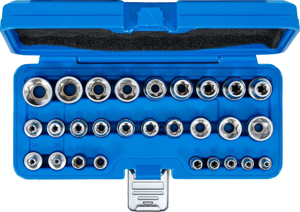 Dugókulcskészlet, E-profil | 6,3 mm (1/4") / 12,5 mm (1/2") | E4 - E24 | 28 darabos