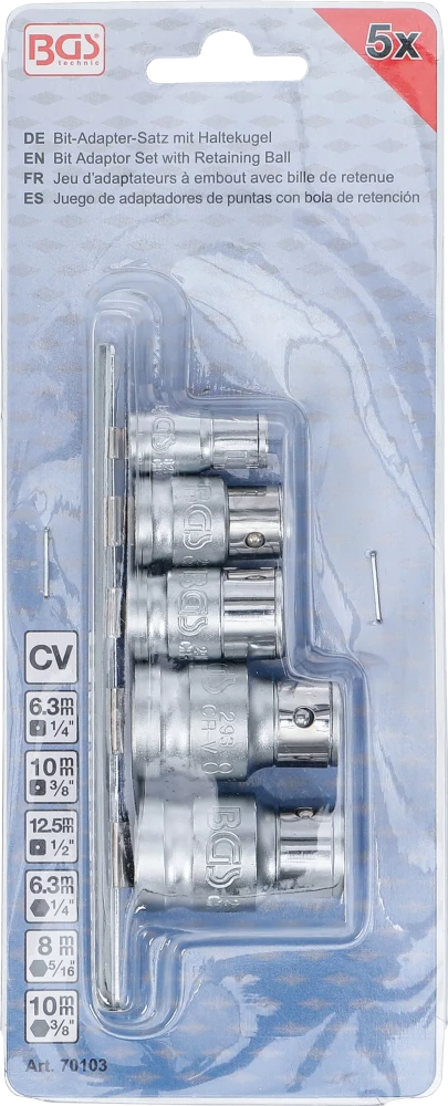 Golyós behajtófej-adapter készlet | Belső négyszögletű kulcsnyílású elem 6,3 mm (1/4") / 10 mm (3/8") / 12,5 mm (1/2") | 5 darabos