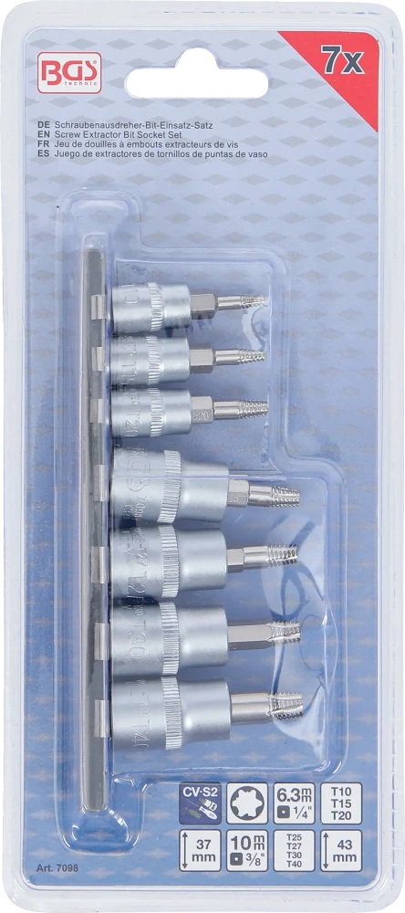 Csavarkiszedő készlet | 6,3 mm (1/4") / 10 mm (3/8") | hibás T-profilhoz (Torx) | T10 - T40 | 7 darabos
