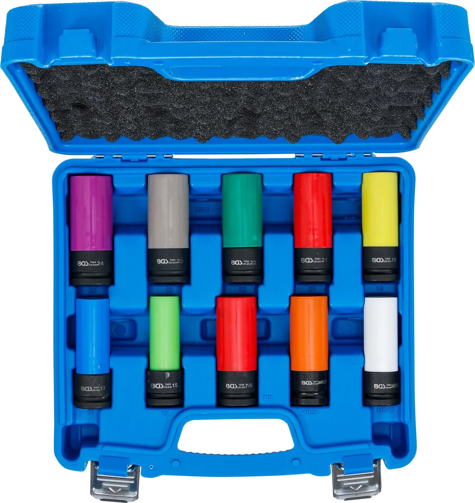 Légkulcsfej készlet | 12,5 mm (1/2") | 15 - 24 mm méretű és speciális kerékcsavarok | 10 darabos