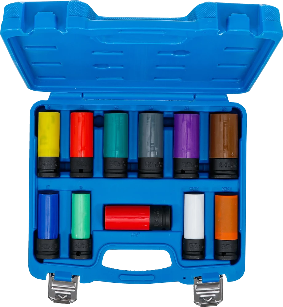 Légkulcsfej készlet | 12,5 mm (1/2") | 15 - 27 mm méretű és speciális kerékcsavarok | 11 darabos
