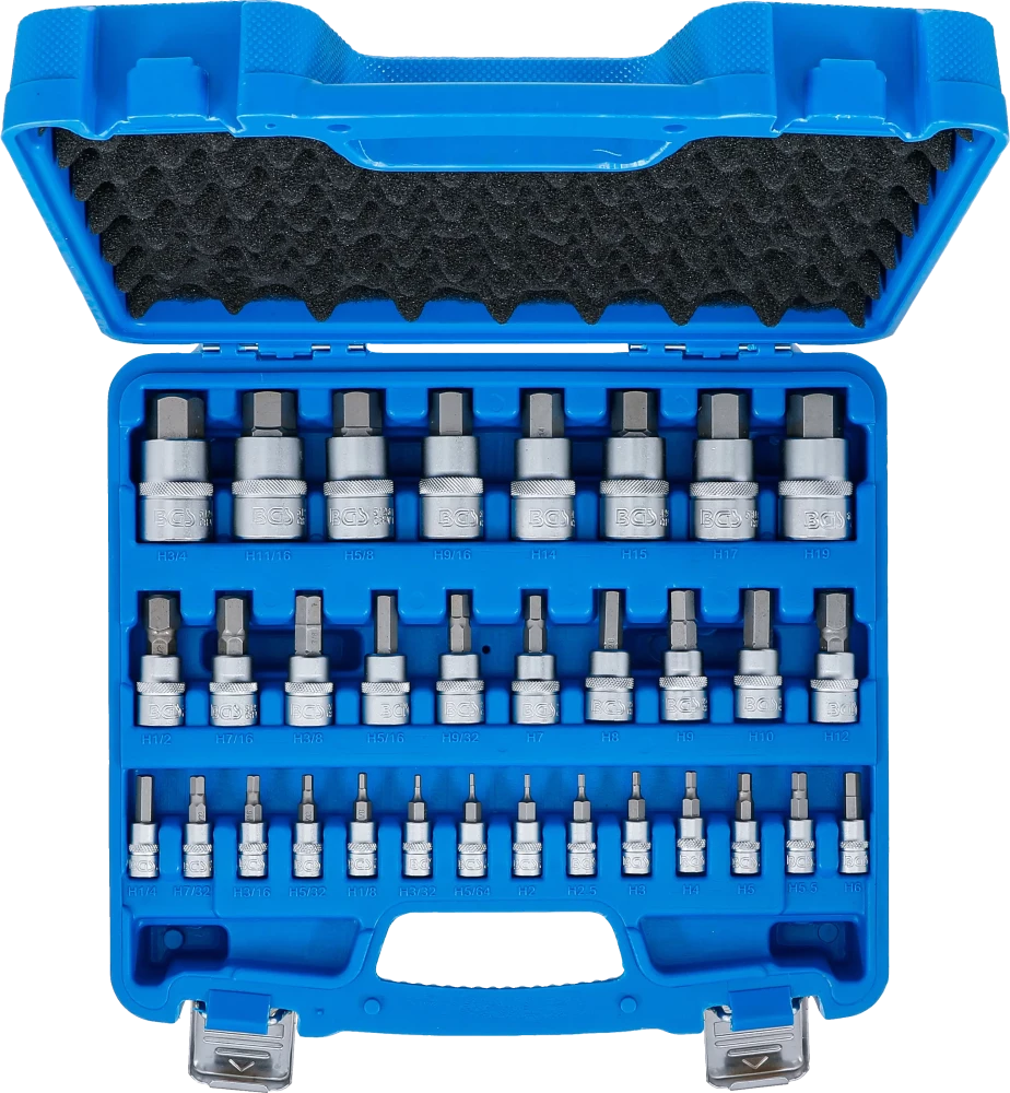 Behajtófej-készlet | 6,3 mm (1/4") / 10 mm (3/8") / 12,5 mm (1/2") | Belső hatszögletű 2 - 19 mm / 1/4 - 9/16" | Metrikus és coll méretek | 32 darabos