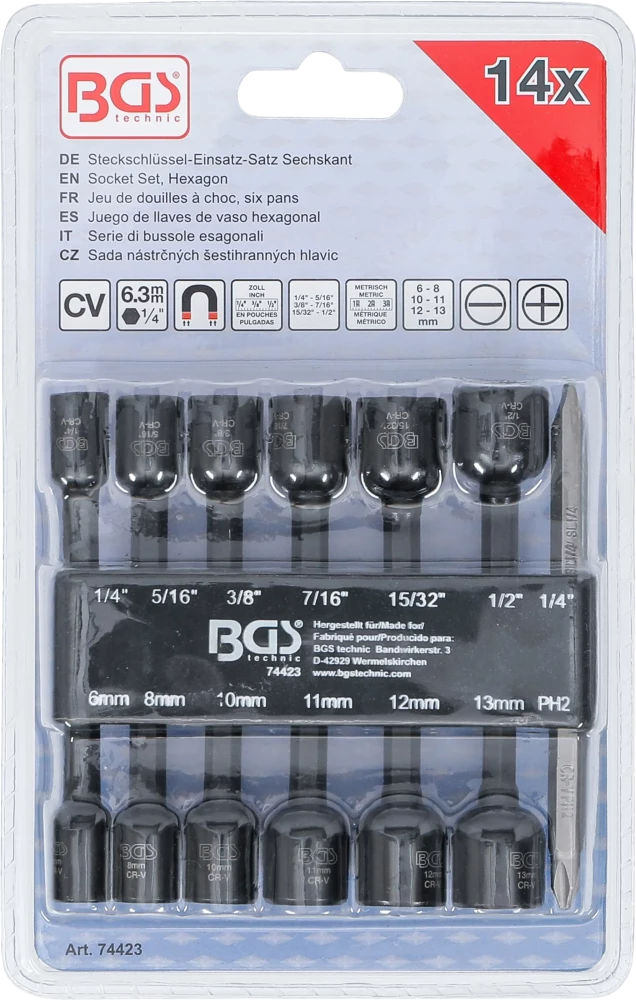 Dugókulcskészlet, hatszögletű | Külső hatszögletű 6,3 mm (1/4") | Fúrógépek | 1/4 - 1/2", 6 - 13 mm | 14 darabos