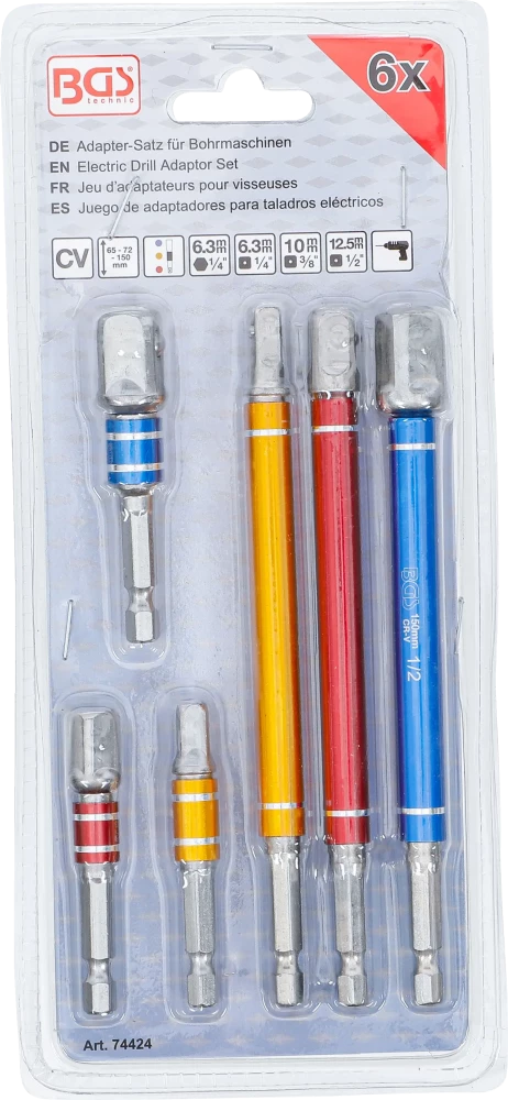 Adapterkészlet fúrógépekhez | színes | Külső hatszögletű kulcsnyílású hajtás 6,3 mm (1/4") | Külső hatszögletű 6,3 mm (1/4"), 10 mm (3/8"), 12,5 mm (1/2")| 75 - 150 mm | 6 darabos