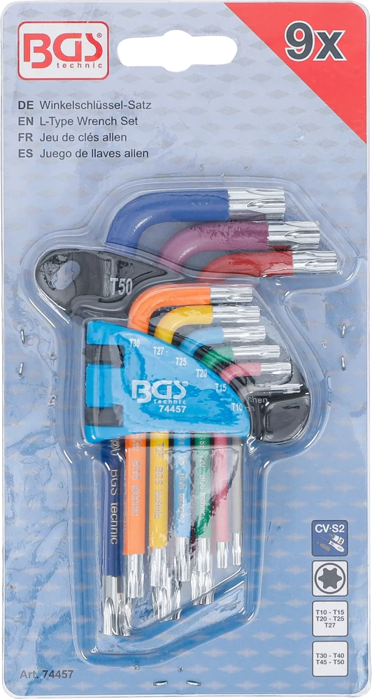 Derékszögű kulcs készlet | több színű | rövid | T-profil (Torx) T10 - T50 | 9 darabos