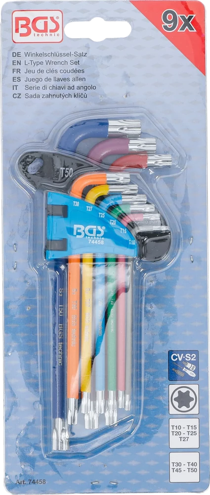 Derékszögű kulcs készlet | több színű | T-profil (Torx) T10 - T50 | 9 darabos