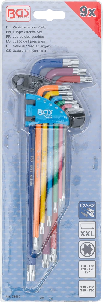 Derékszögű kulcs készlet | több színű | extra hosszú | T-profil (Torx) T10 - T50 | 9 darabos