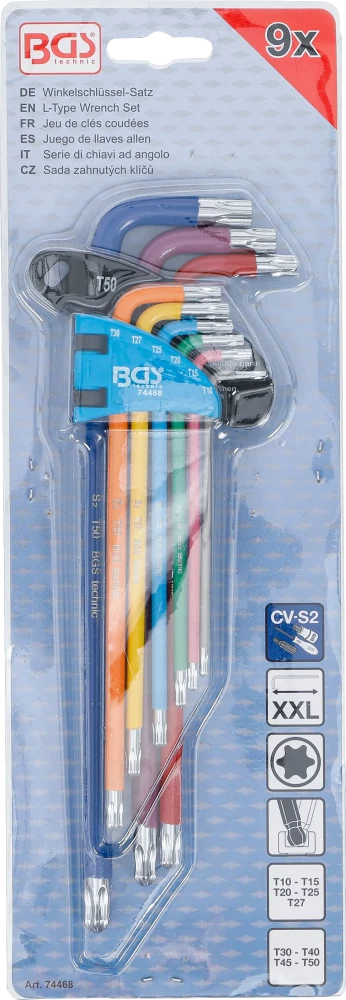 Derékszögű kulcs készlet | több színű | extra hosszú | T-profil (Torx) gömbfejes T10 - T50 | 9 darabos
