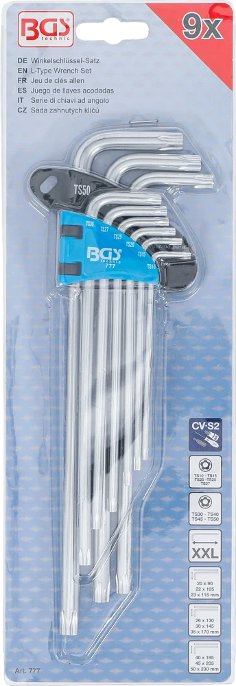 Derékszögű kulcs készlet | extra hosszú | TS-profil (Torx Plus) TS10 - TS50 | 9 darabos
