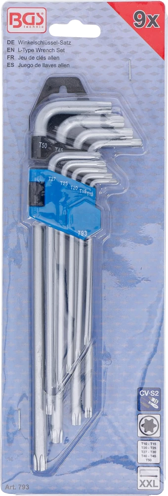 Derékszögű kulcs készlet | extra hosszú | T-profil (Torx) T10 - T50 | 9 darabos