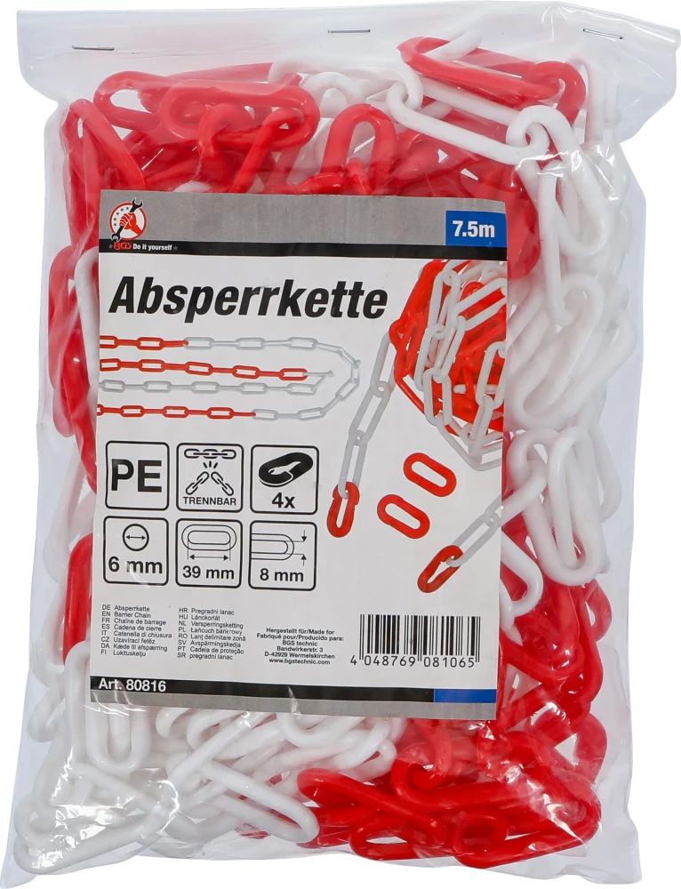 Lánckorlát | piros / fehér | 4 karabiner | műanyag | 7,5 m