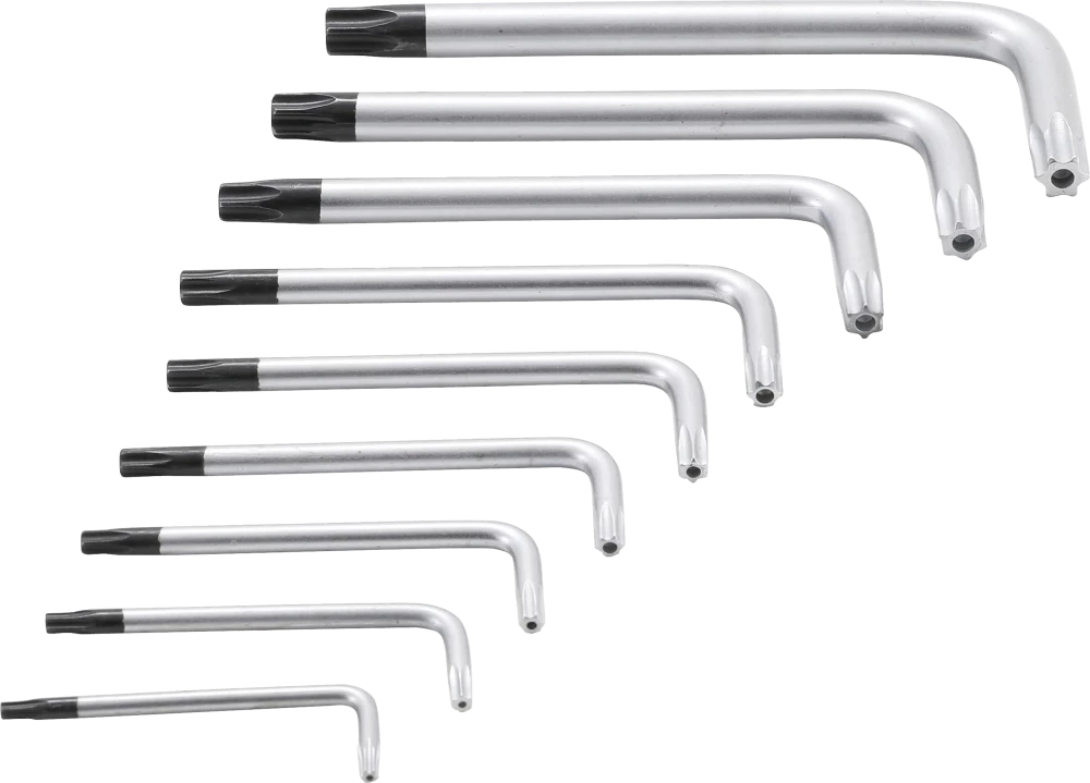 Derékszögű kulcs készlet | rövid | T-profil (Torx) T10 furattal - T50 | 9 darabos