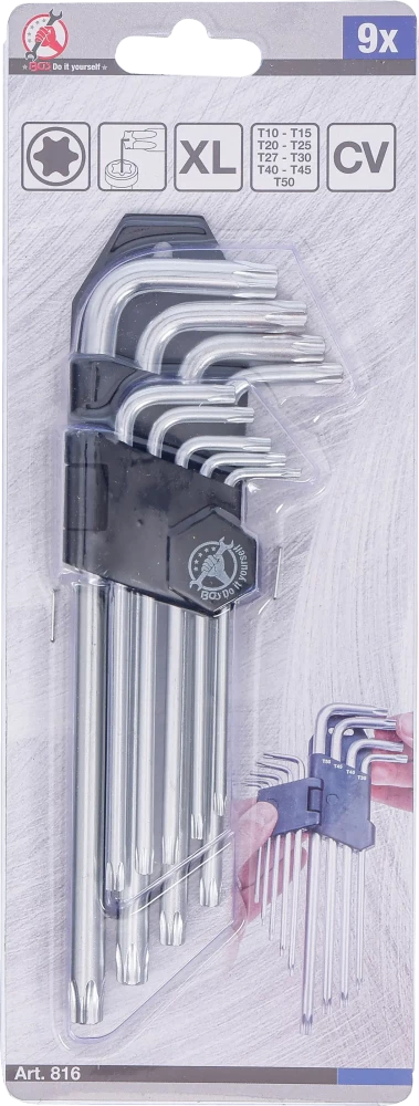 Derékszögű kulcs készlet | hosszú | T-profil (Torx) | T10 - T50 | 9 darabos