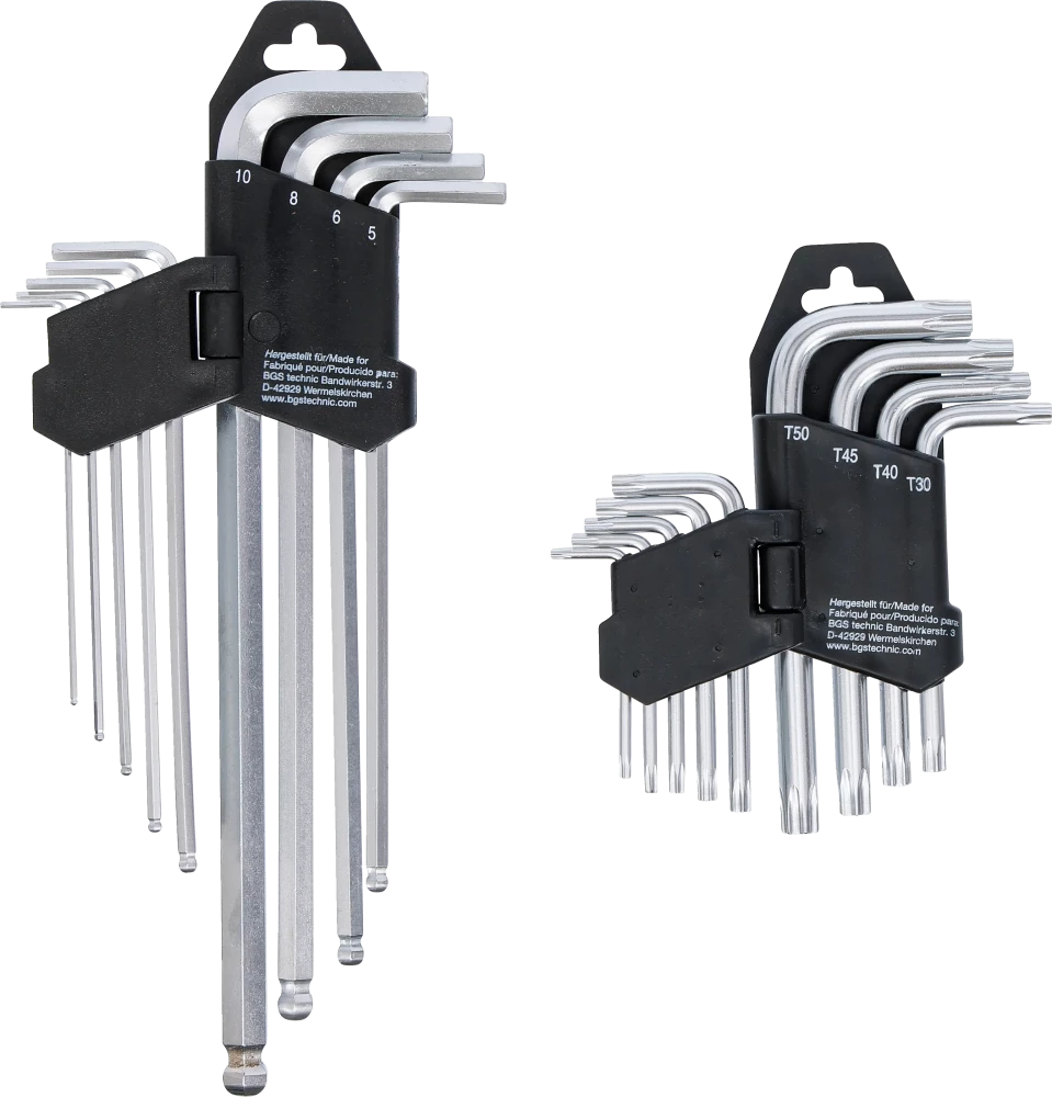 Derékszögű kulcs készlet | hosszú | T-profil (Torx) T10 - T50 / Belső hatszögletű 1,5 - 10 mm | 18 darabos