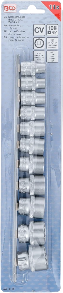 Dugókulcskészlet, tizenkétszögletű | 10 mm (3/8") | coll méretek | 11 darabos