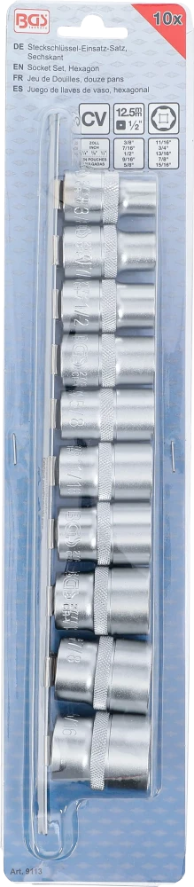 Dugókulcskészlet, hatszögletű | 12,5 mm (1/2") | coll méretek | 10 darabos