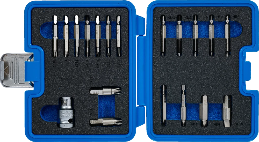 Csavarkiszedő készlet | 1,5 - 10 mm belső hatszöghöz / T-profil (Torx) | T10 - T55 | 19 darabos