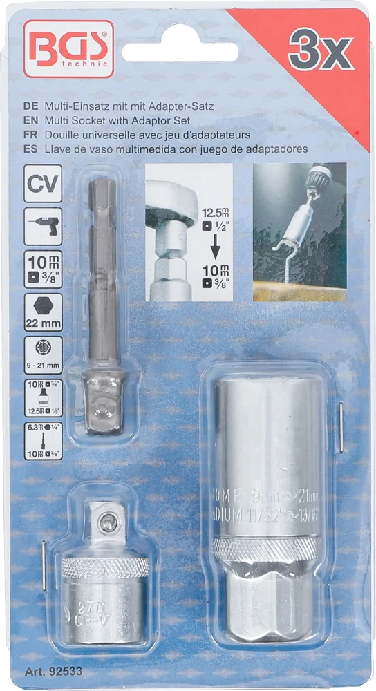 Multi dugókulcs adapterkészlettel | 10 mm (3/8") | 9 - 21 mm | 3 darabos