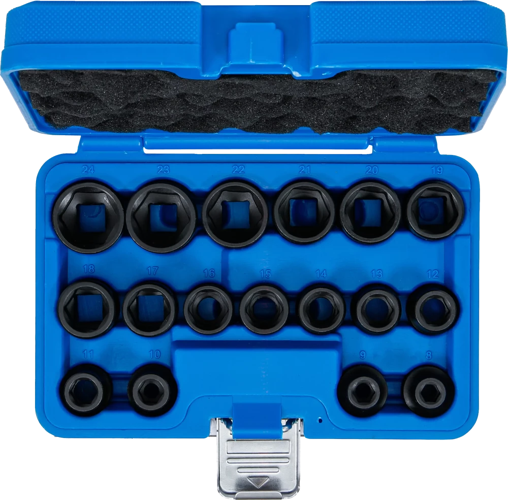 Levegős dugókulcskészlet hatszögletű, extra lapos | 12,5 mm (1/2") | 8 - 24 mm | 17 darabos
