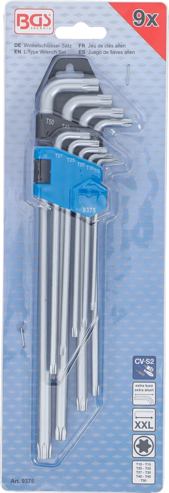 Derékszögű kulcs készlet | extra hosszú + extra rövid | T-profil (Torx) T10 - T50 | 9 darabos