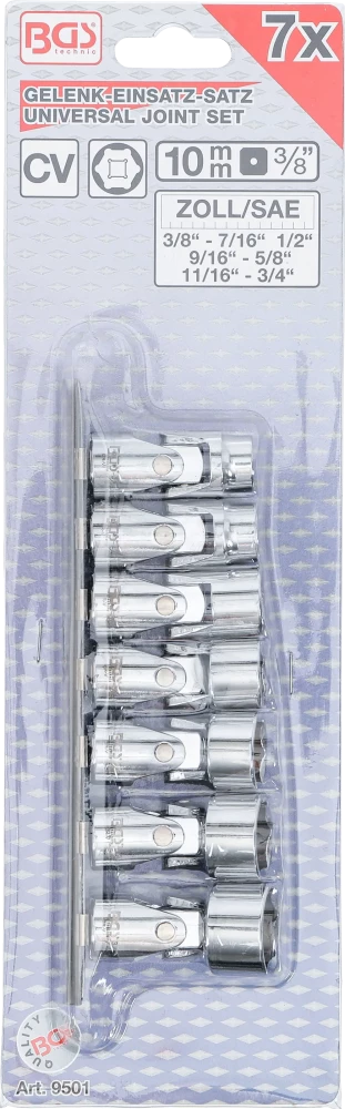 Csuklós dugókulcskészlet | 10 mm (3/8") | 3/8" - 3/4" | coll méretek | 7 darabos