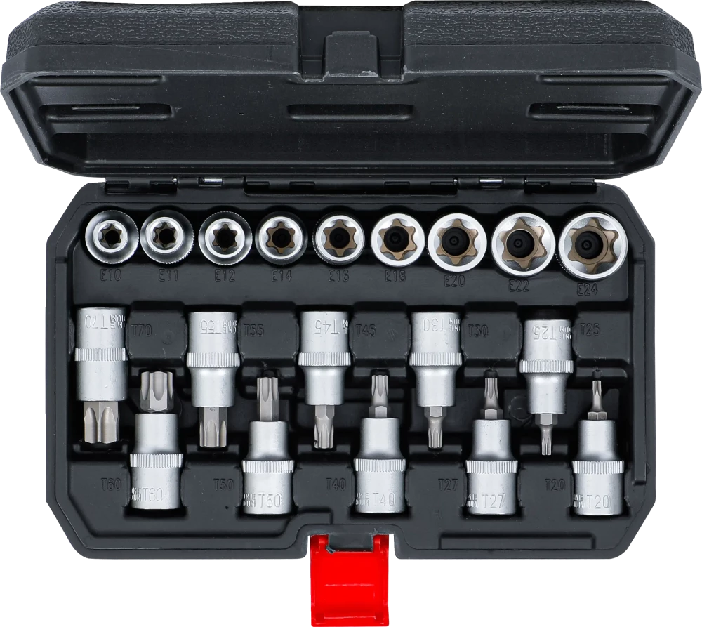 Behajtófej-/dugókulcskészlet | belső hatszögletű 12,5 mm (1/2") | T-profil (Torx) / E-profil | 19 darabos