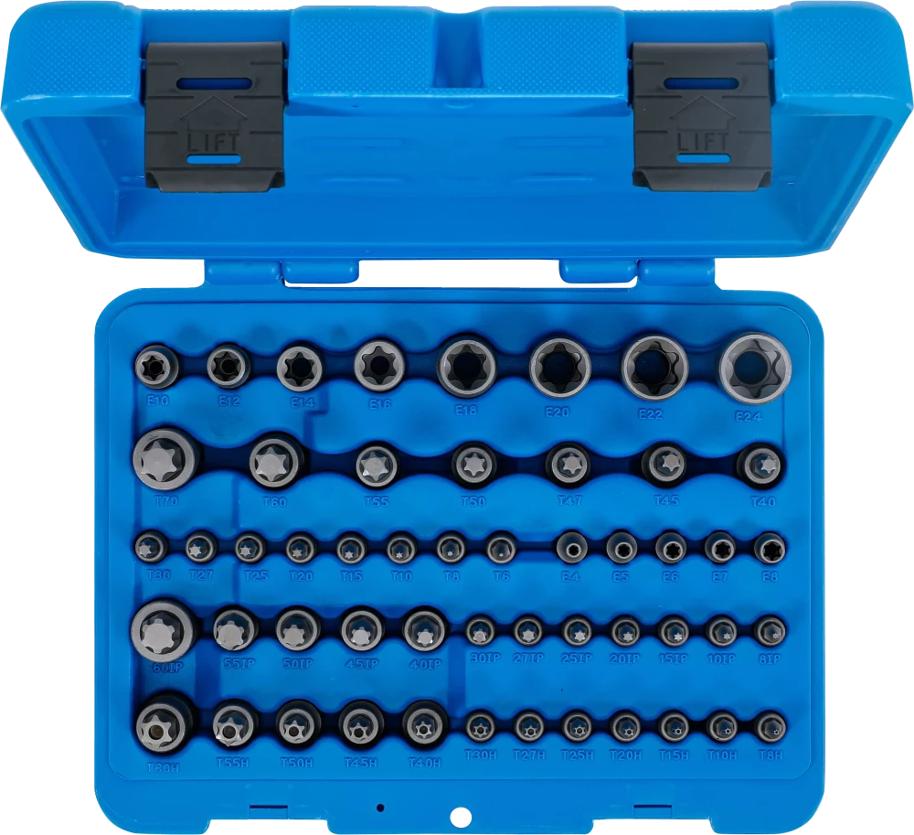 Behajtófej- és dugókulcs-készlet | E-profil / T-profil (Torx) / T-profil (Torx) furattal / TP-profil (Torx plus) | 52 darabos